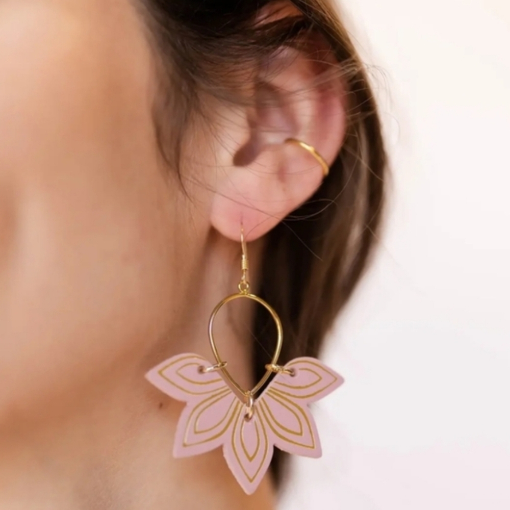 Nickel & Suede Leather Flora Drop Hoop Earrings Pink Gold NWT Boho Feminine